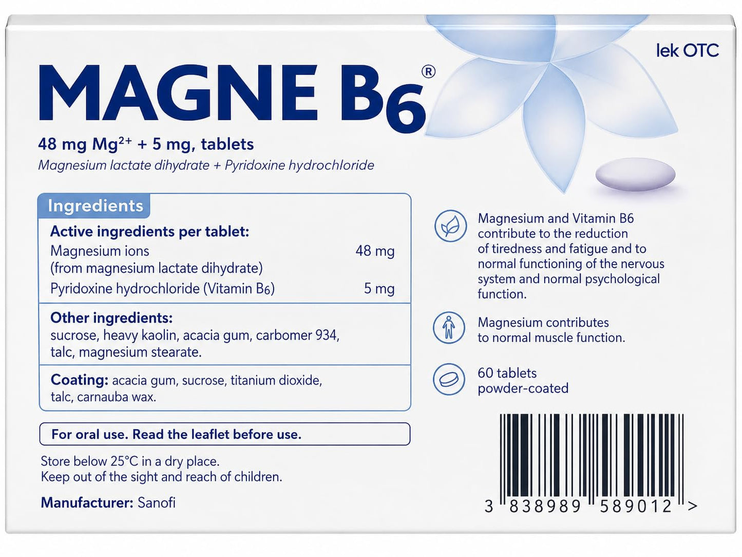 Sanofi Magne B6 Magnesium and Pyridoxine Coated Tablets, 60 Tablets