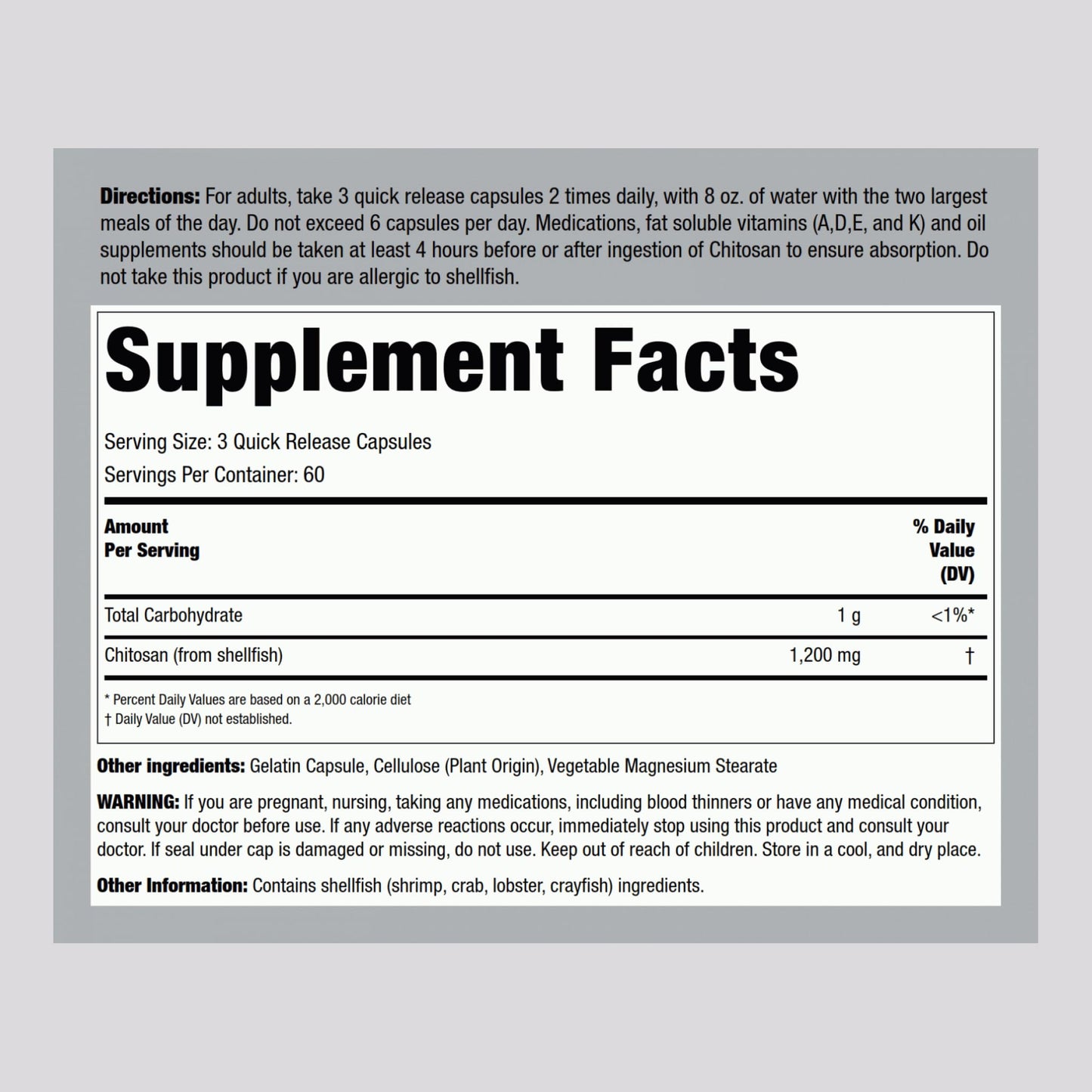 Piping Rock Chitosan Supplement 1200 mg Capsules, 180 Capsules