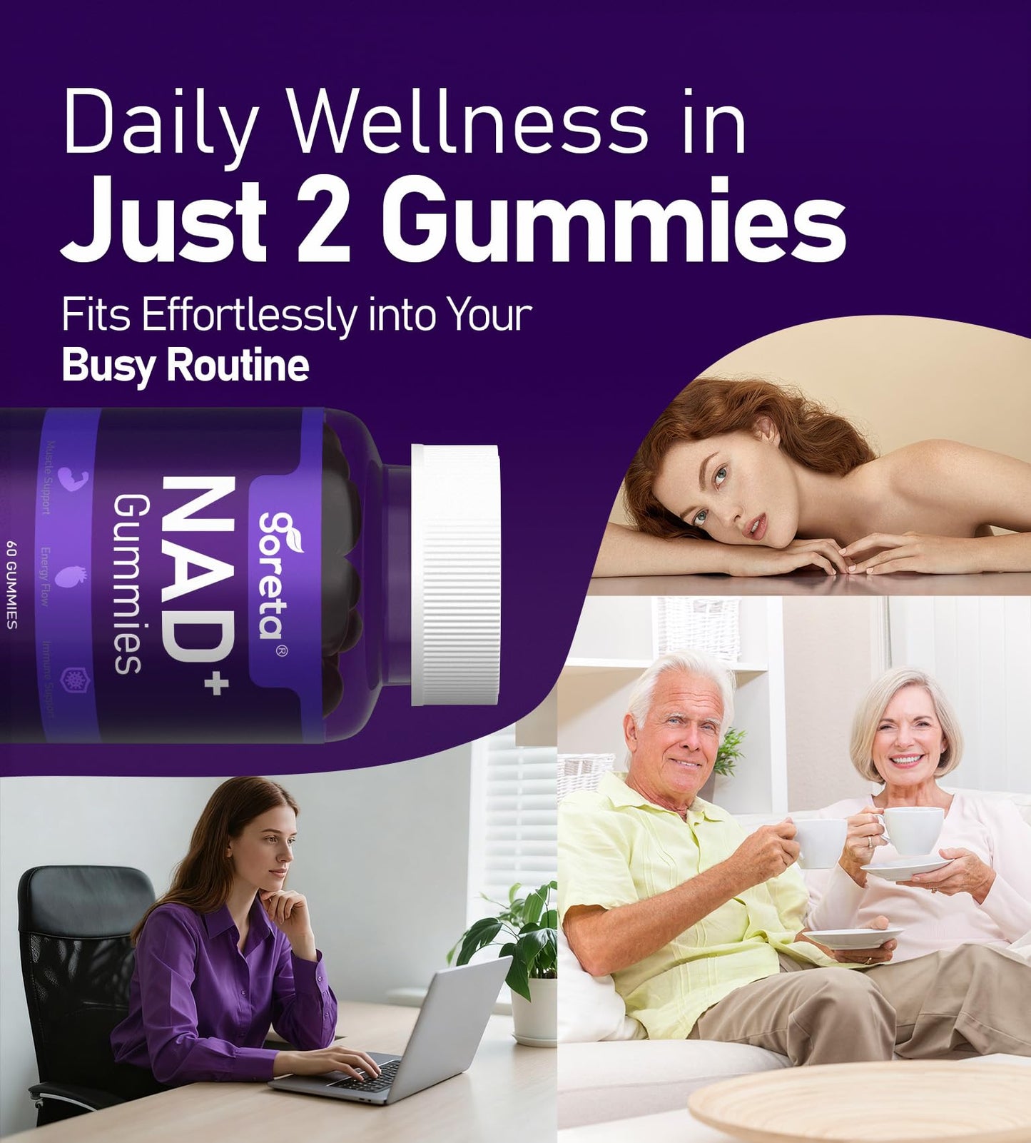 Goreta NAD+ Gummies with Resveratrol & Quercetin for Adults, Chewable Grape Flavor, 60 Gummies