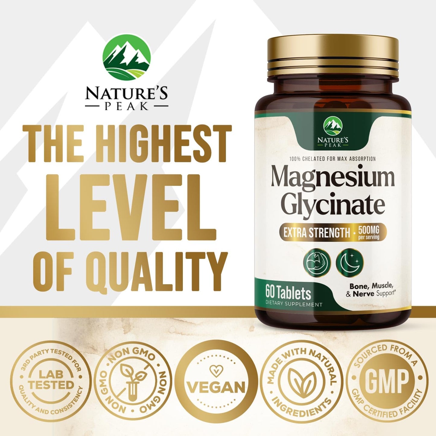 Nature's Peak Magnesium Glycinate 500mg Tablet, 60 Count