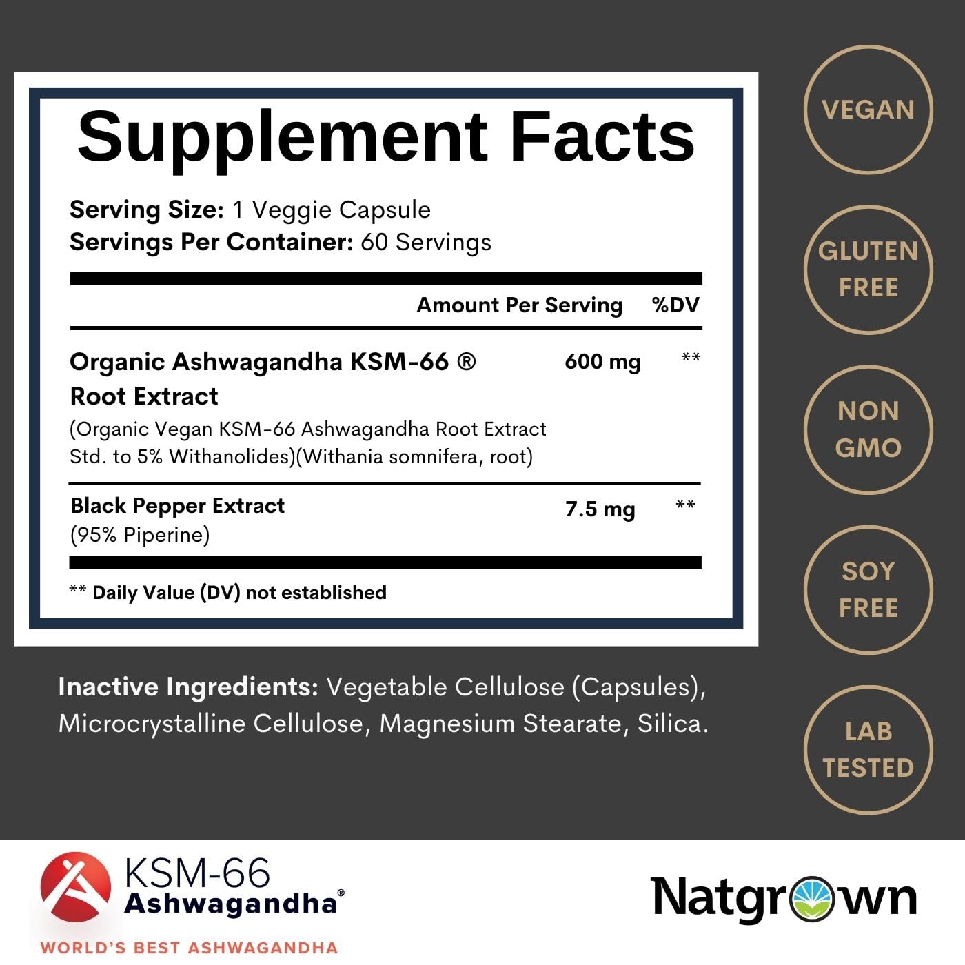 Natgrown Ashwagandha KSM 66 600 mg Supplement - Stress, Mood & Athletic Support - Organic KSM66 Root Extract with 5% Withanolides - Vegan Capsules, 60 Count