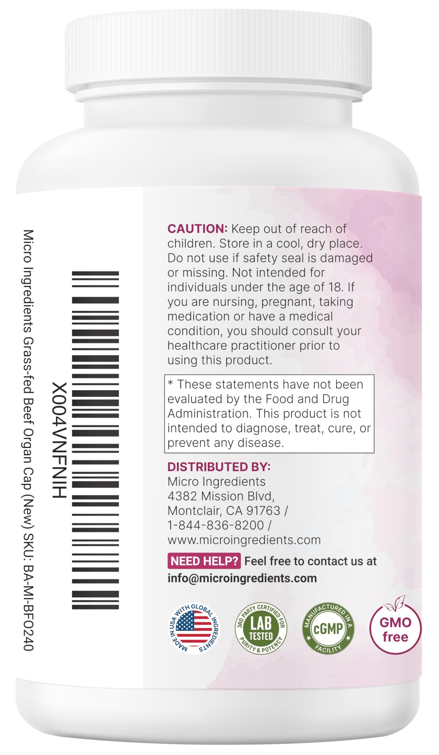 Micro Ingredients Grass-Fed Beef Organ Supplement for Women Capsules, 240 Count