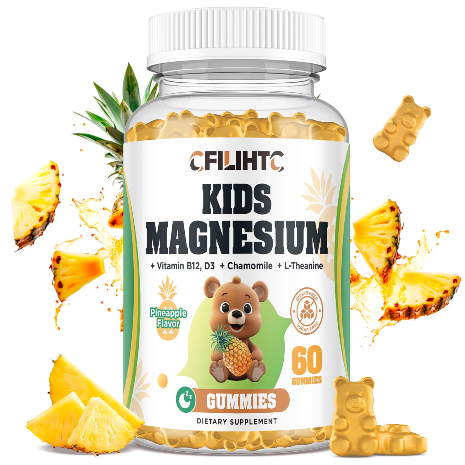 CFILIHTC Kids Magnesium Glycinate Gummies with Citrate, Zinc, Vitamin D3, B12, L-Theanine, Pineapple Flavor, 60 Gummies