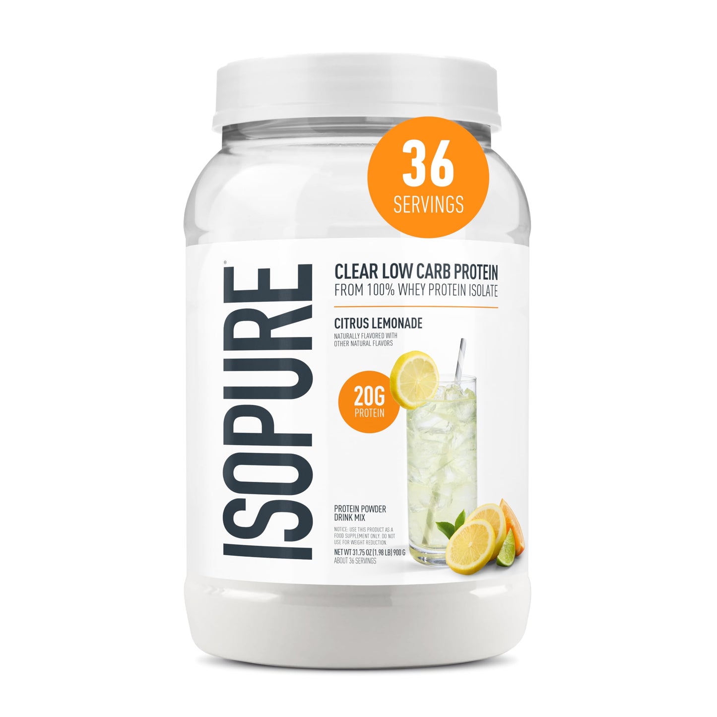 Isopure Clear Whey Isolate Protein Powder, Lactose Free, Gluten Free, Naturally Flavored Citrus Lemonade, 36 Servings
