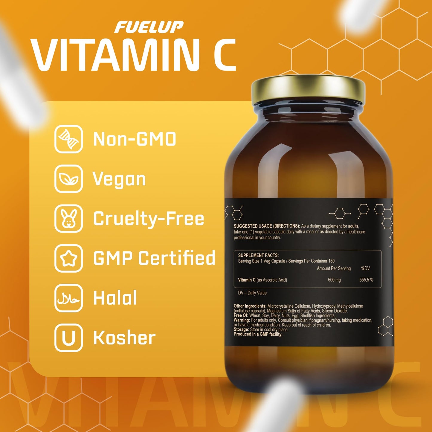 Fuelup Vitamin C 500 mg – Vegan Supplement Capsule, 180 Count