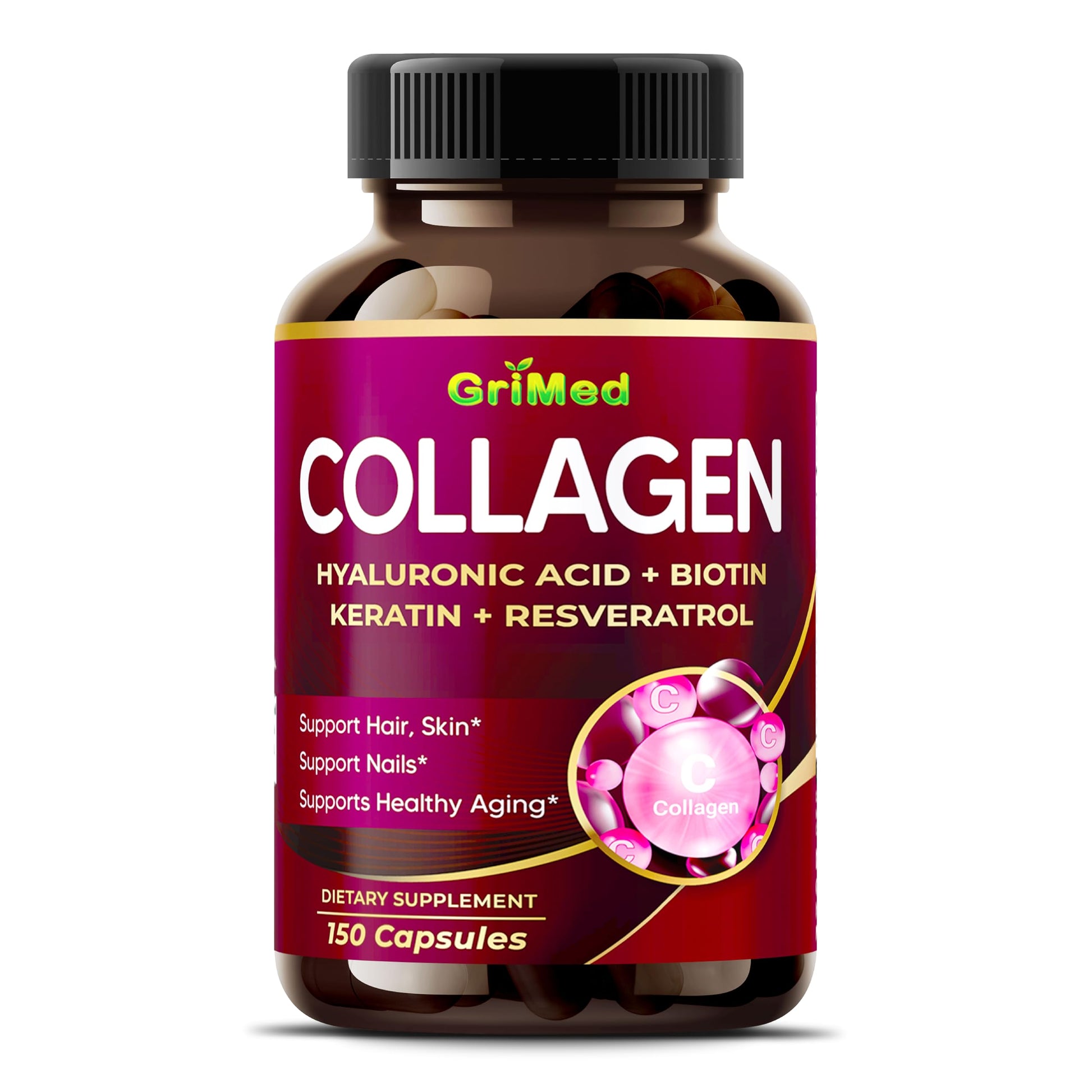 GriMed Organic Collagen Capsules with Hyaluronic Acid, Biotin, Keratin & Resveratrol, Hair Skin Nails Supplement, 150 Capsules