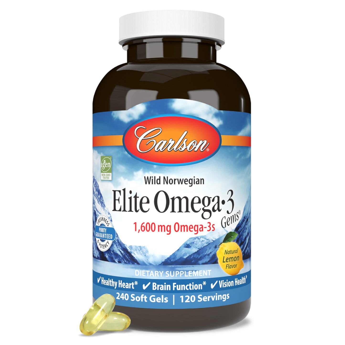 Carlson Elite Omega-3 Gems 1600 mg Omega-3 Fatty Acids EPA and DHA, Norwegian Wild-Caught Fish Oil Softgels Lemon, 60 Softgels