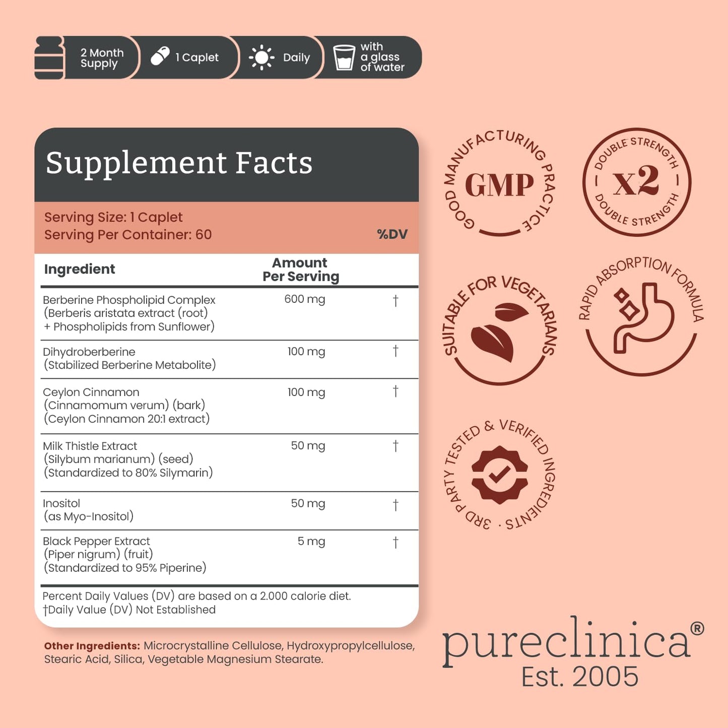pureclinica Double Strength Berberine Complex Caplets 60