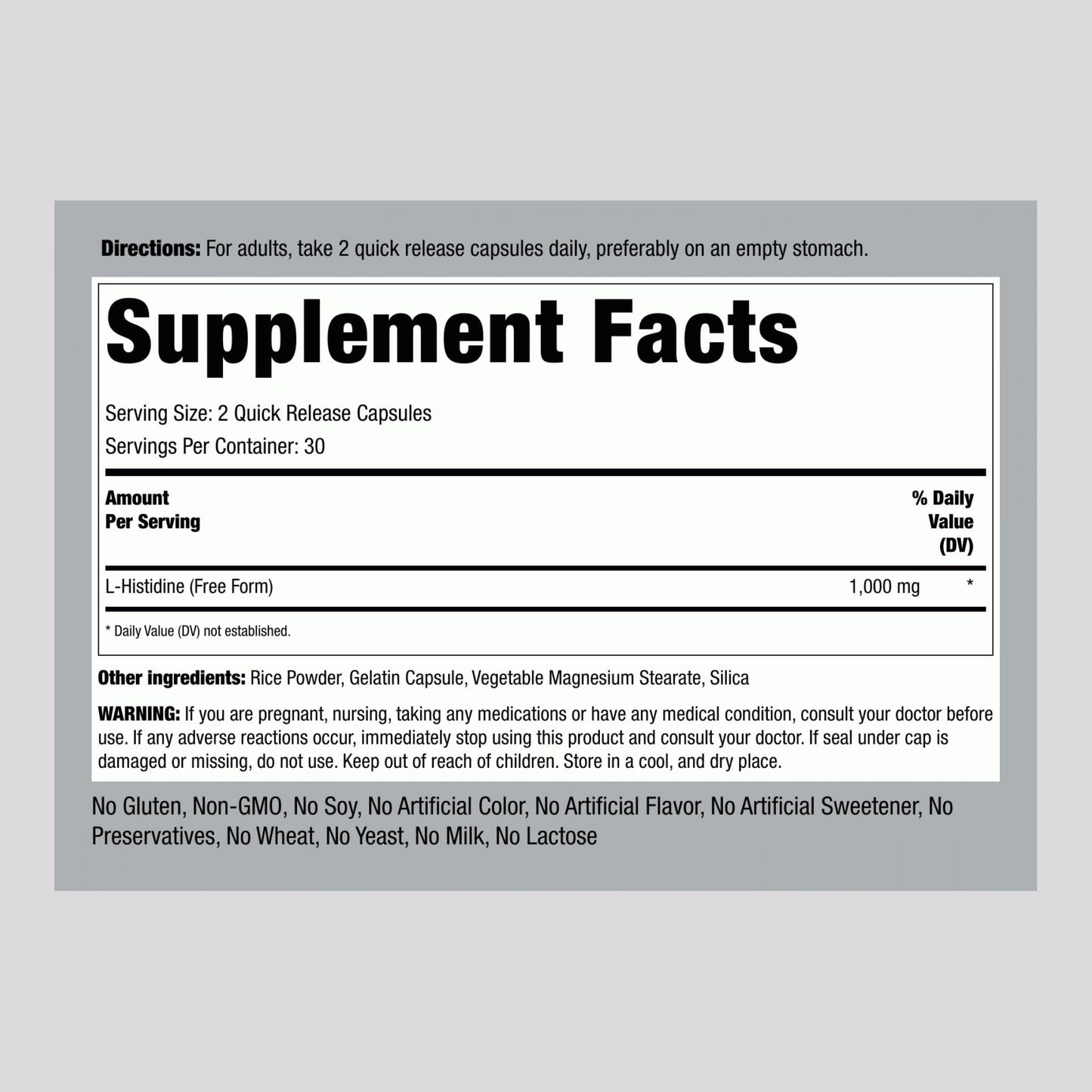 Piping Rock L-Histidine 1000 mg Capsules, 60 Count