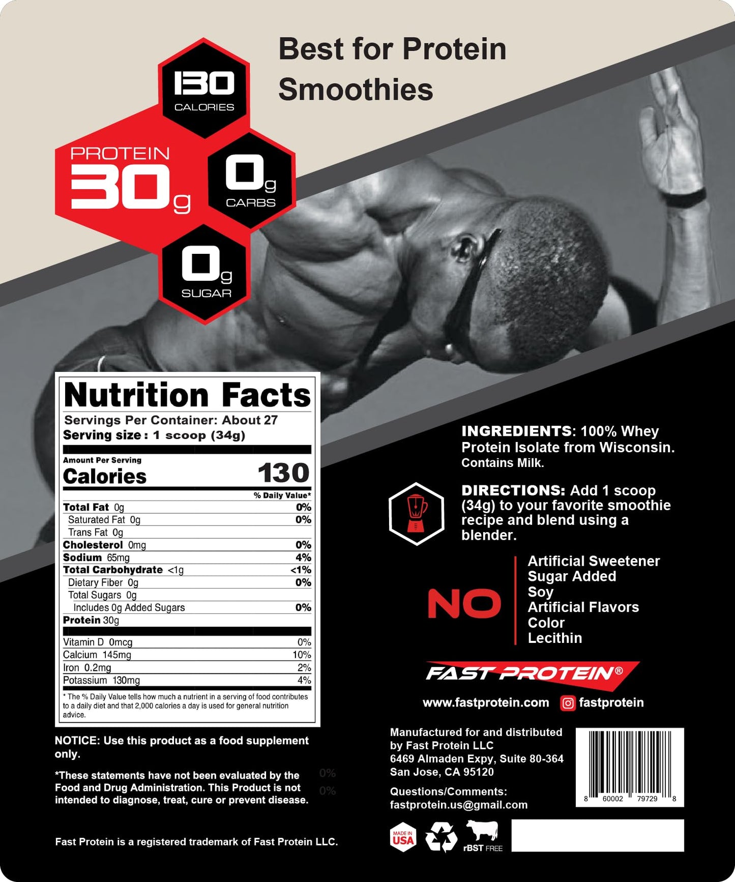 FAST PROTEIN Whey Isolate Protein Powder Unflavored, 30 Servings