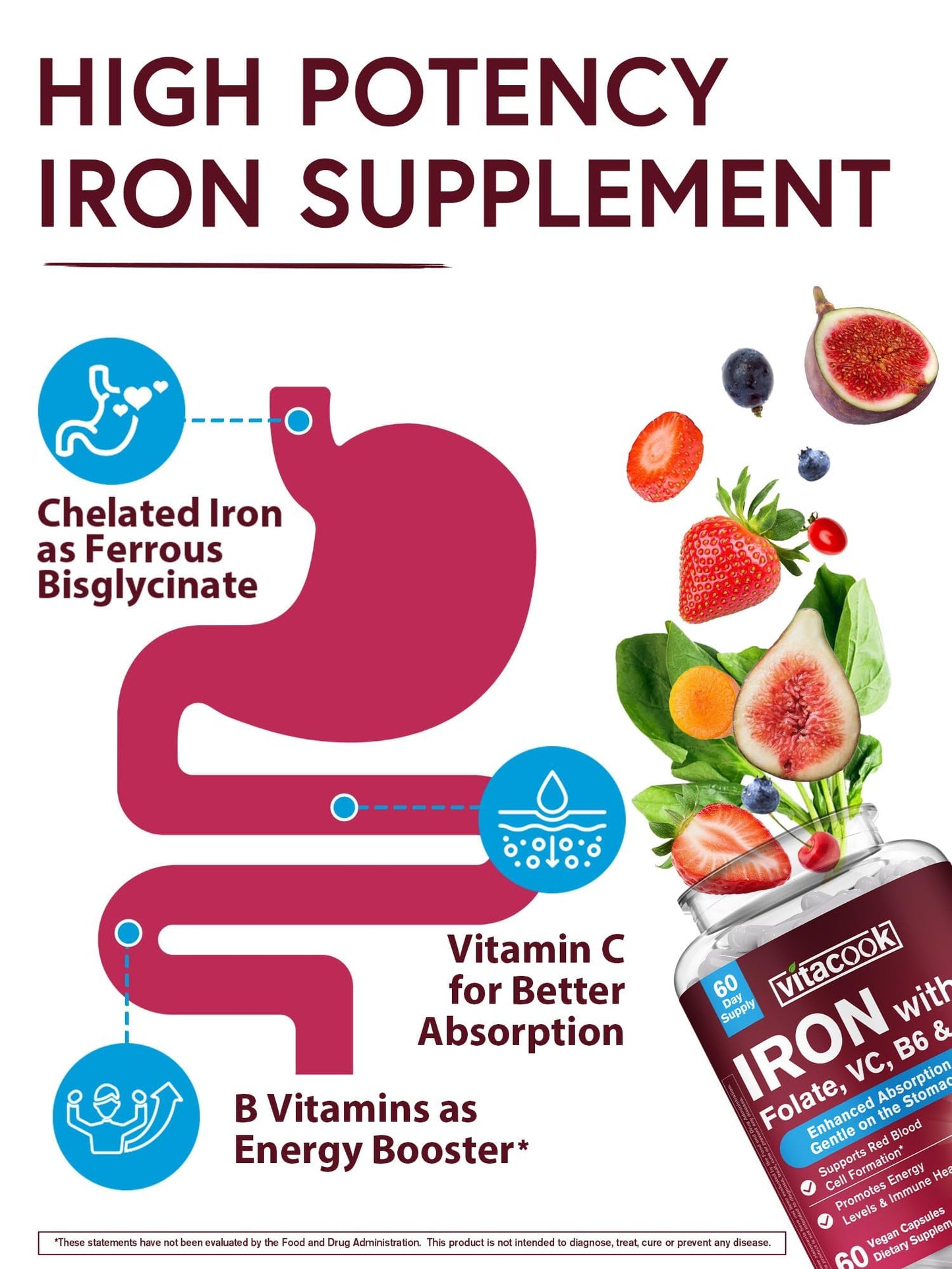 Vitacook Iron Supplement Bisglycinate with Vitamin C, B6, B12, Folate Capsule, 60 Count