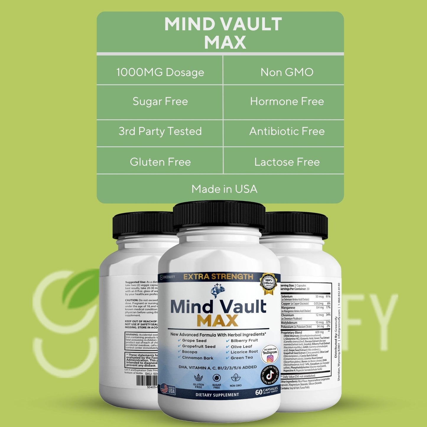 GREENVIFY Mind Vault Max Extra Strength Nootropic Supplement, 60 Capsules
