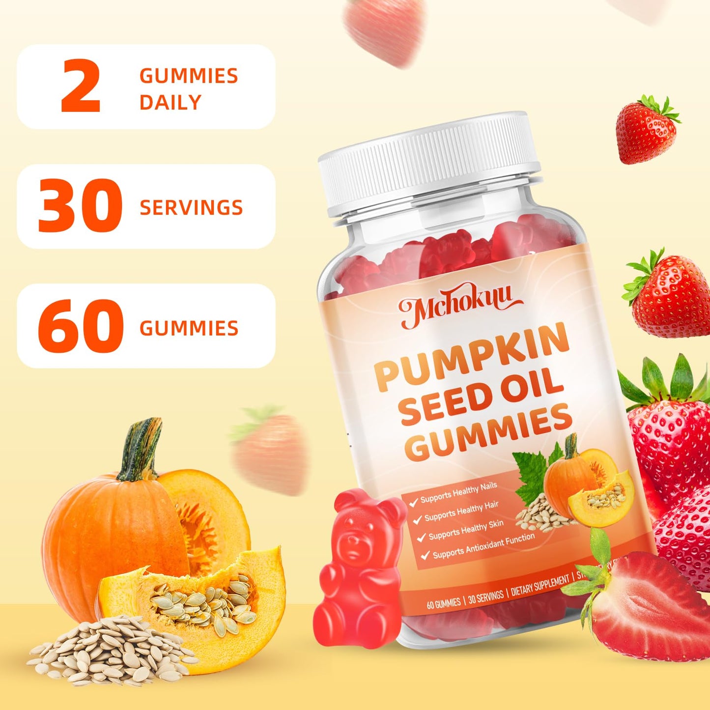 Mchokuu Pumpkin Seed Oil Supplement Gummies with Saw Palmetto for Hair Growth & Skin Health Support, High Pure Extract for Women & Men Extra Strength Pumpkin Seed, Strawberry Flavor, 60 Count