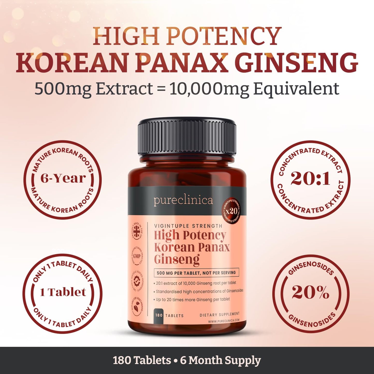 Pureclinica High Potency Korean Panax Ginseng 10,000mg x 180 Tablets