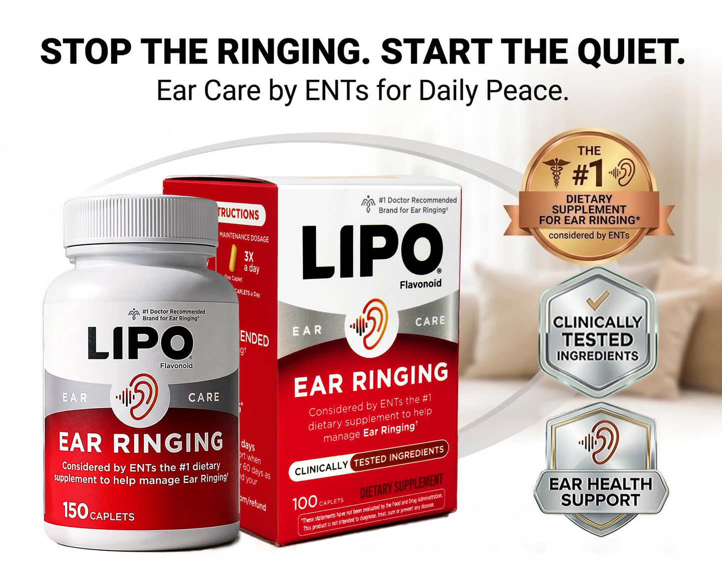 Lipo-Flavonoid Dietary Supplement Caplets for Ear Ringing 100 Count