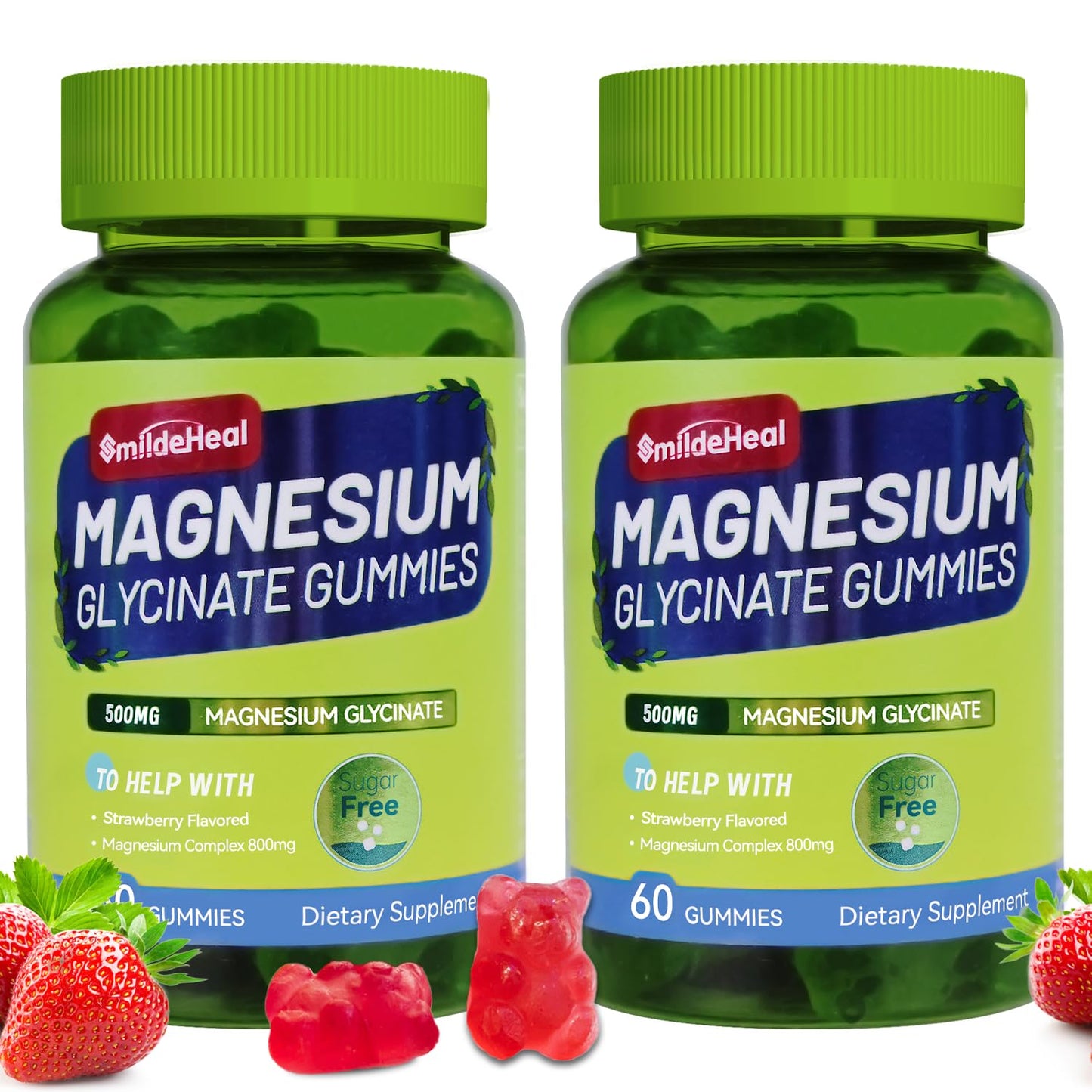 SmildeHeal Magnesium Glycinate Gummies 500mg with L-Threonate 300mg, Sugar-Free Magnesium Potassium Supplement with Vitamin D, B6, CoQ10 - Strawberry Flavored, 120 Gummies