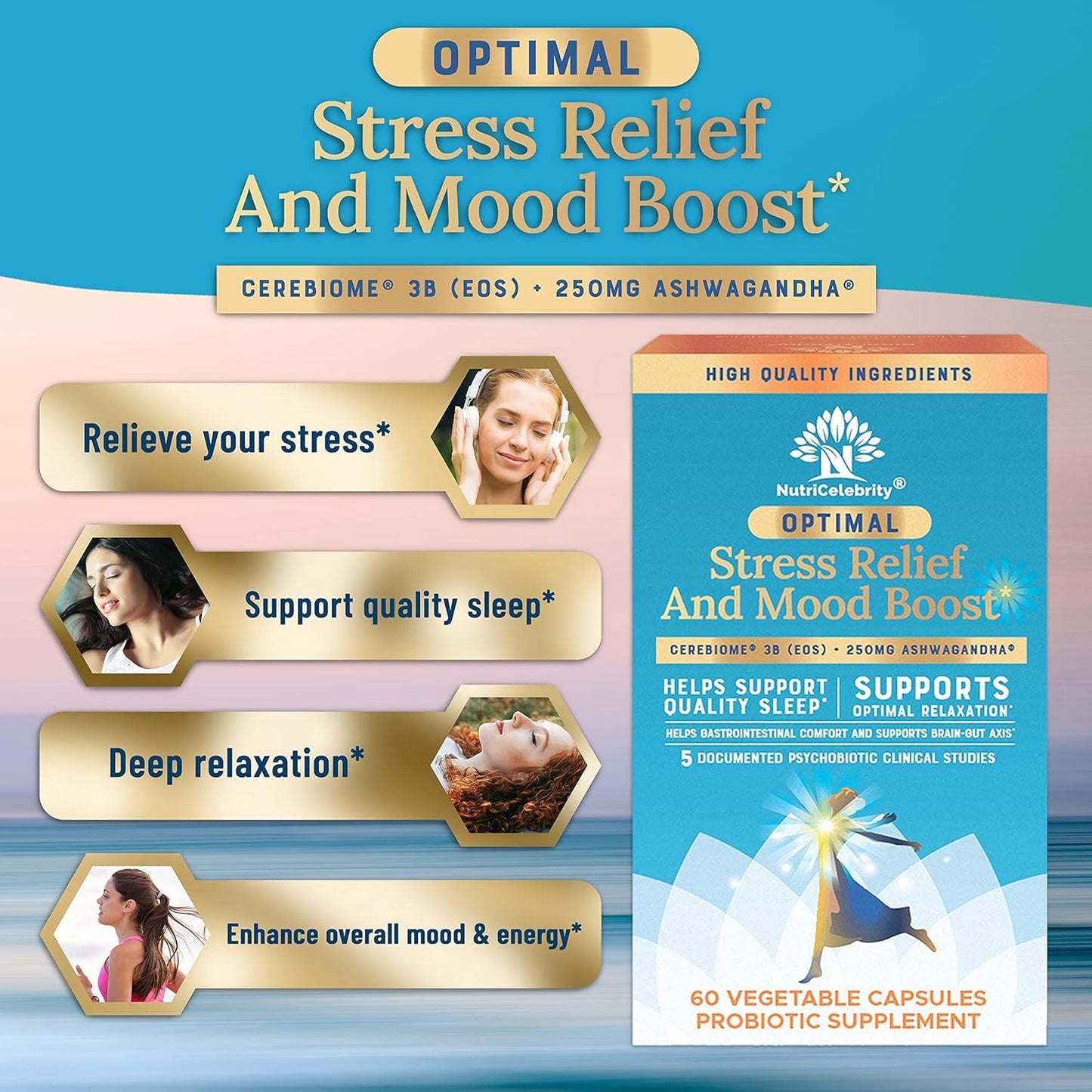 Nutricelebrity Optimal Stress Relief Supplement with Ashwagandha KSM-66, Probiotics for Women, Mood Support and Sleep Aid, Vegan Non-GMO, 60 Capsules