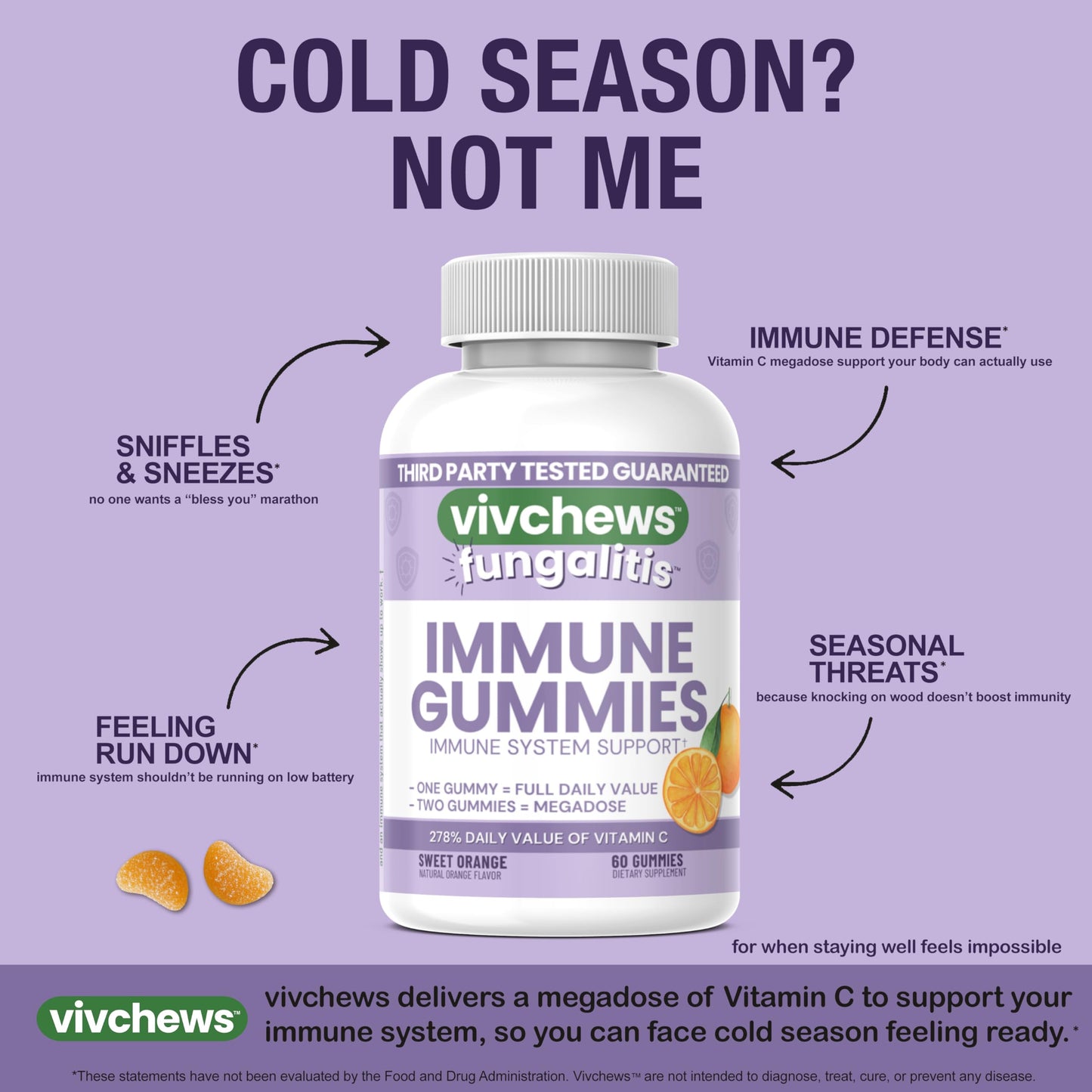 vivchews Immune Gummies Vitamin C 250mg, Non-GMO, Vegan, Natural Sweet Orange Flavor, 60 Gummies