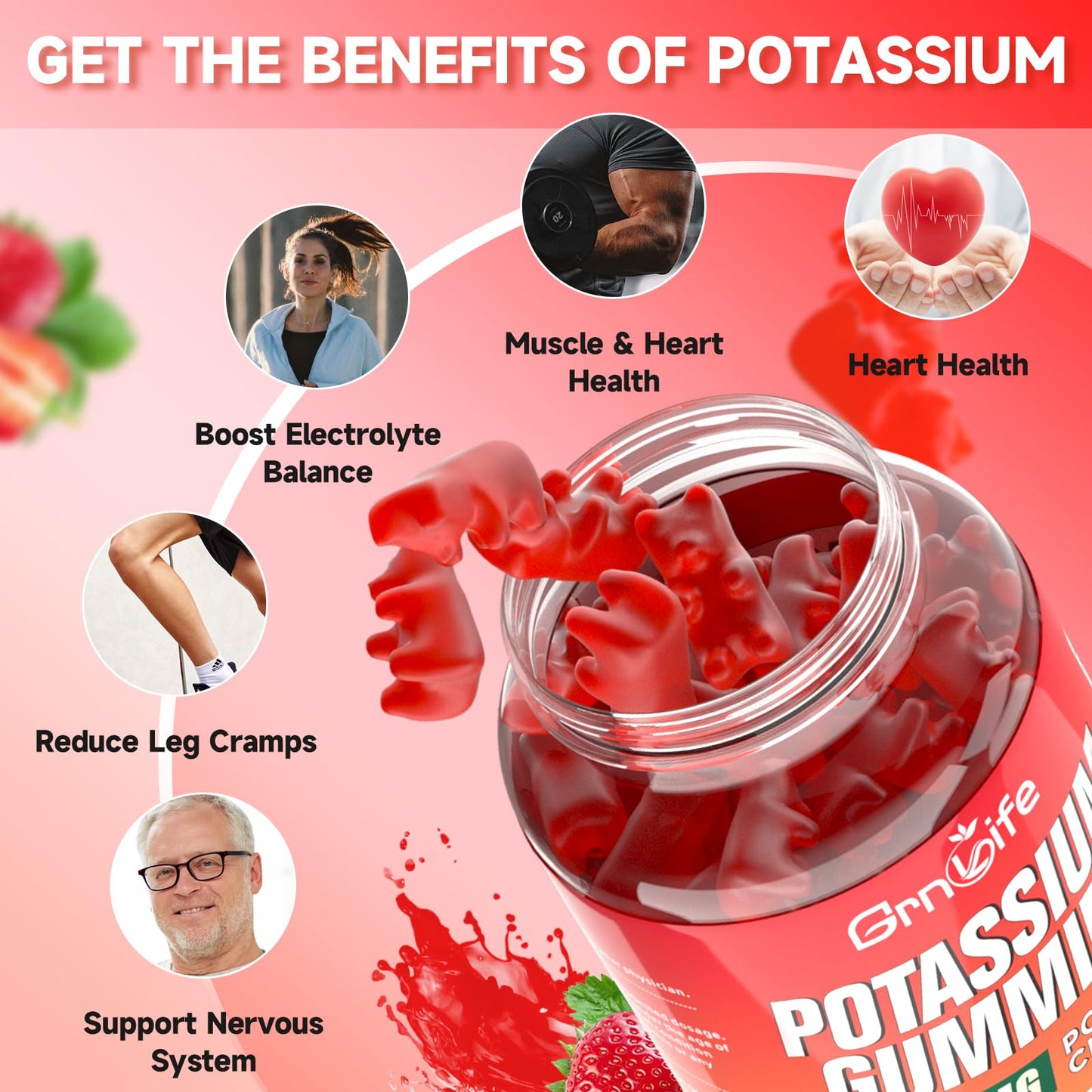 GrnLife Potassium Gummies 1200mg, Strawberry, for Adults, 60 Count