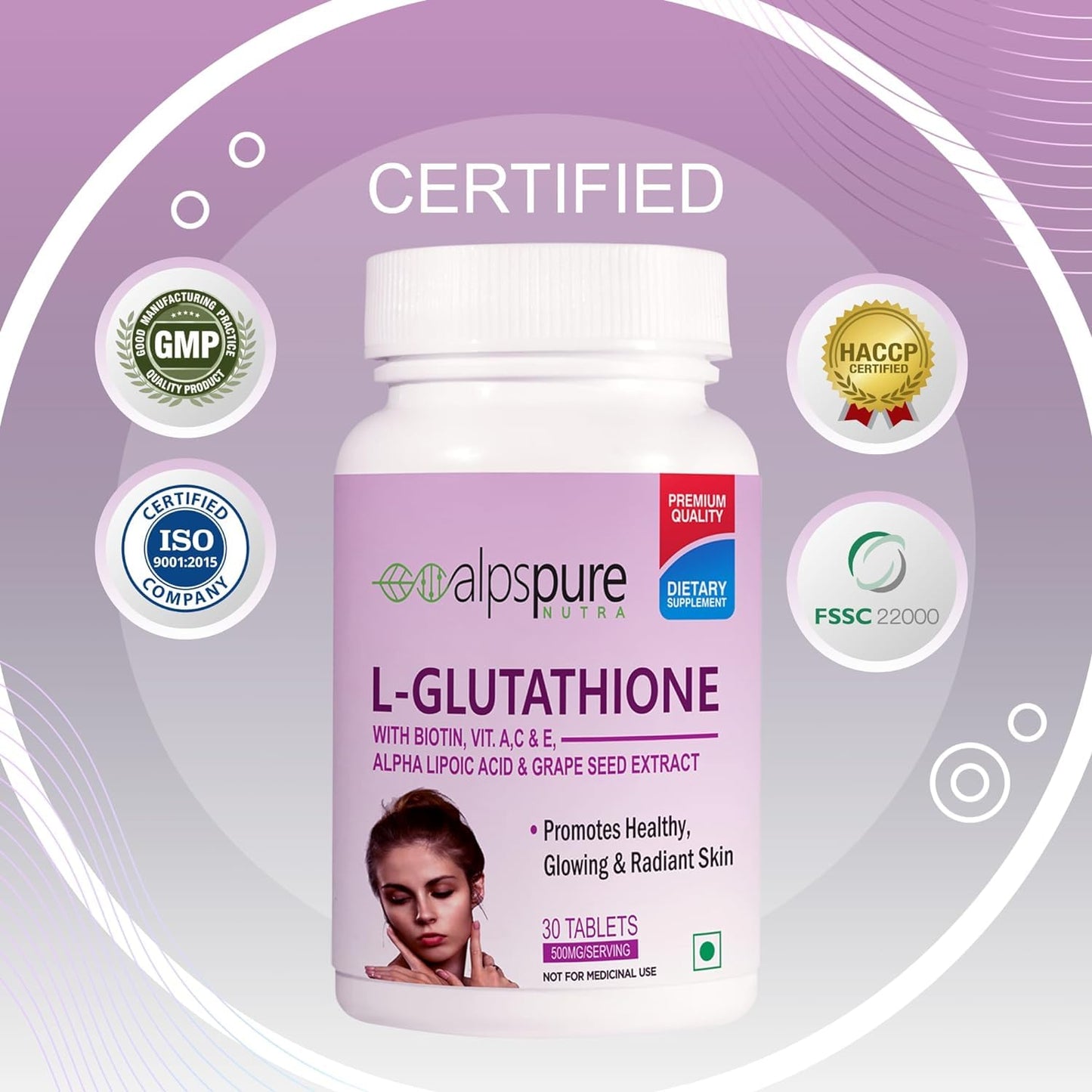 Generic L-Glutathione Tablets with Biotin, Vitamin A, C, E, Alpha Lipoic Acid & Grape Seed Extract, 30 Tablets