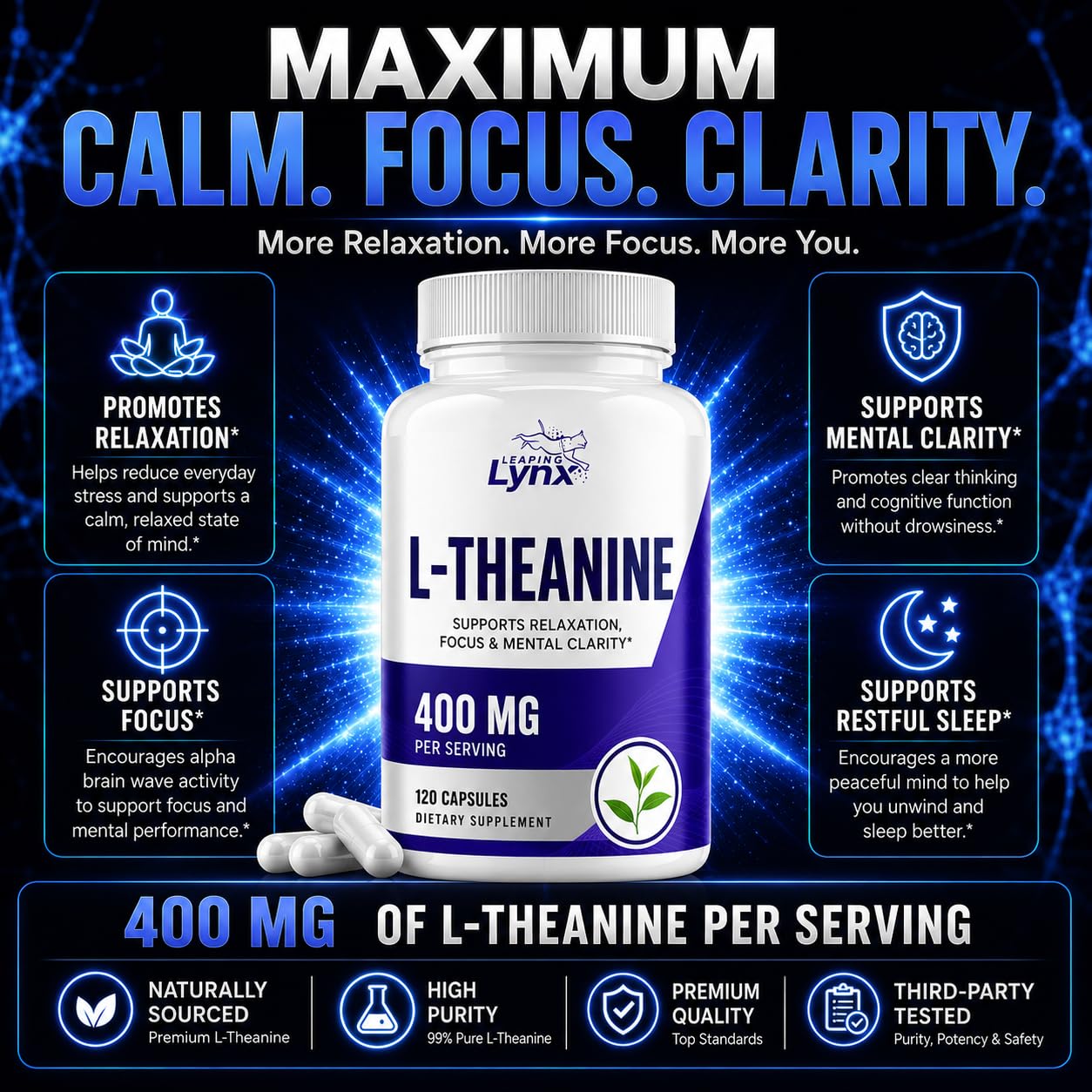 Leaping Lynx L-Theanine 400 mg per Serving (200 mg per Capsule) Powder, 12.5 oz
