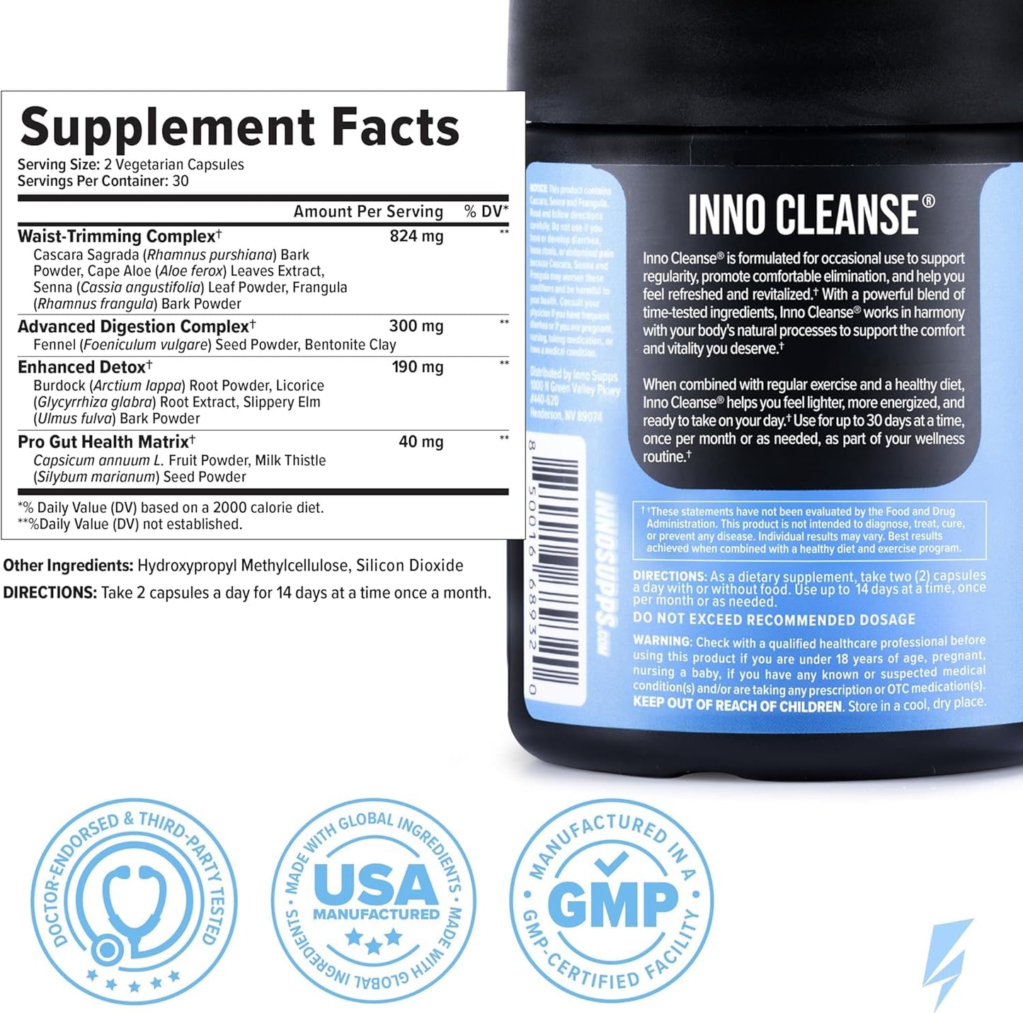 InnoSupps Inno Cleanse 14 Day Colon & Detox Flush, Waist Trimming Complex, Gut Cleanse, Digestive System Support, Stool Softener & Reduced Bloating & Occasional Constipation Relief, 180 Capsules
