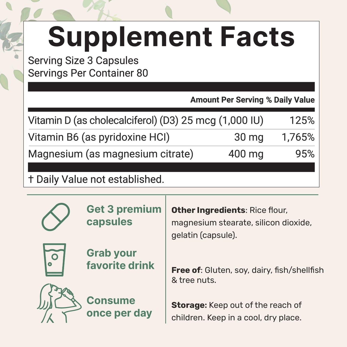 Micro Ingredients Magnesium Citrate 400mg with Vitamin D3 1000IU & B6 Capsules 240 Count