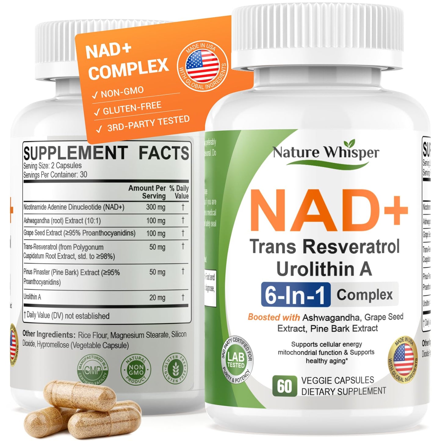 Nature Whisper NAD+ Supplement 620mg 6-in-1 with Resveratrol Ashwagandha Capsules, 60 Count