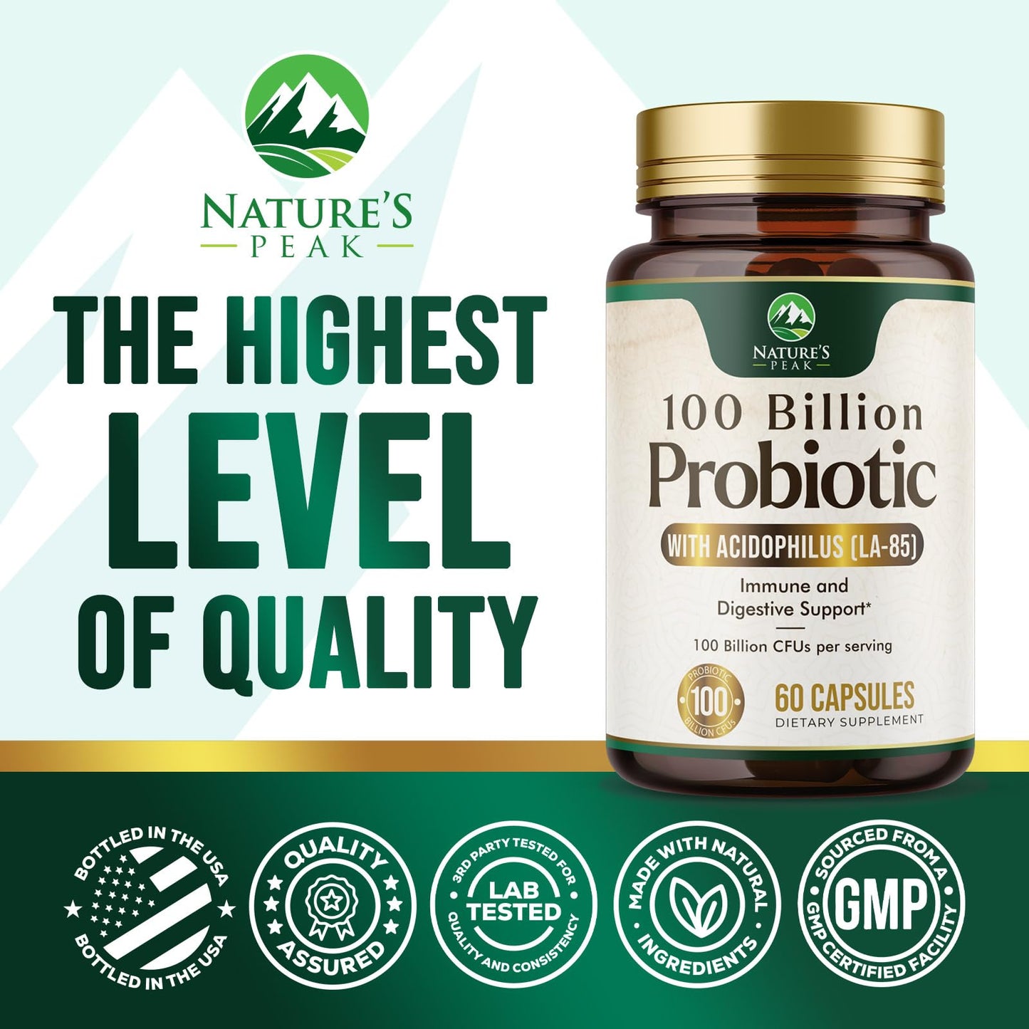 Nature's Peak Probiotics 100 Billion CFU Per Serving - 16 Premium Probiotic Strains Prebiotics, Immune Support, Gut Health, Occasional Constipation, Gas & Bloating, 60 Capsules