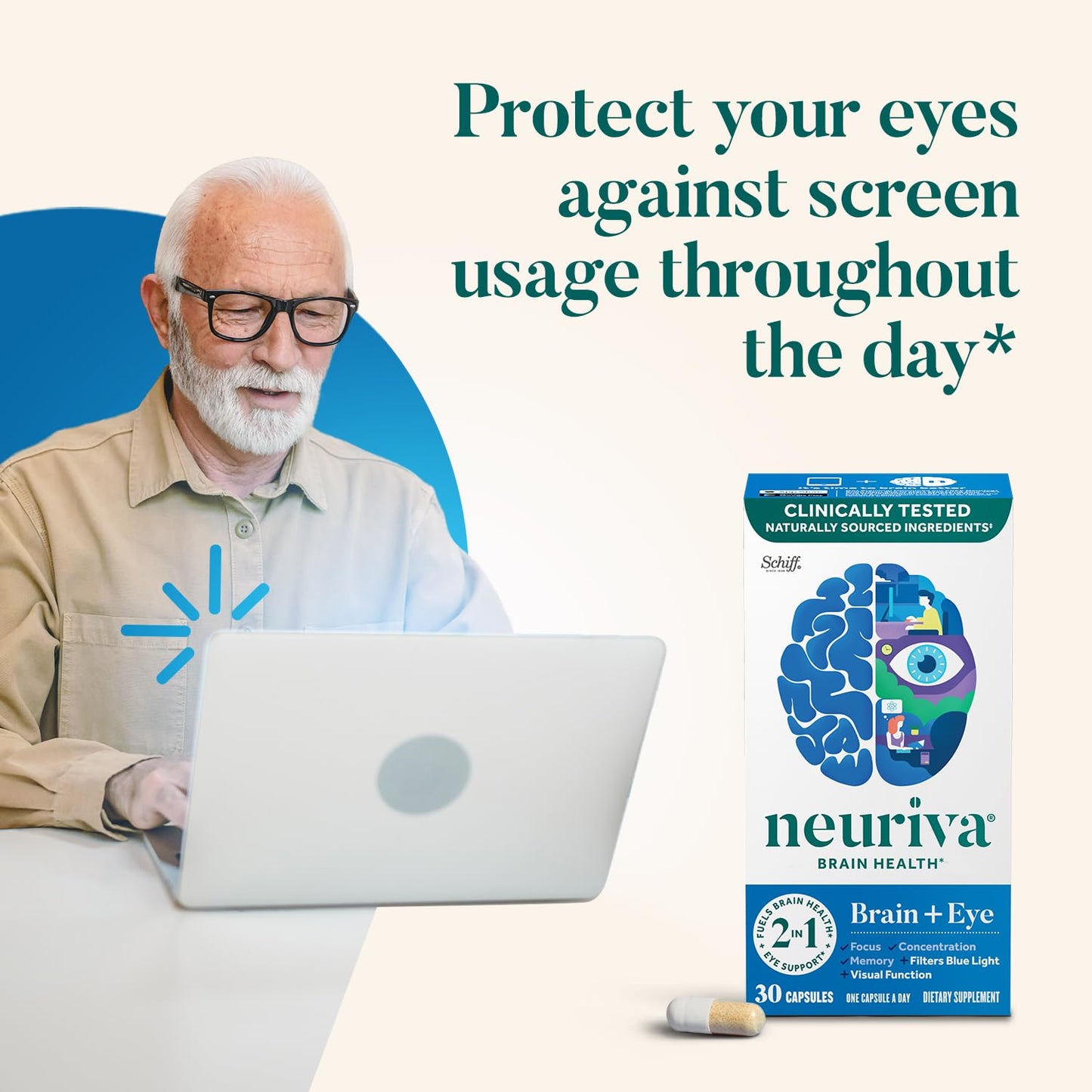 NEURIVA Brain + Eye Supplements for Memory and Focus Capsules, 30 Count
