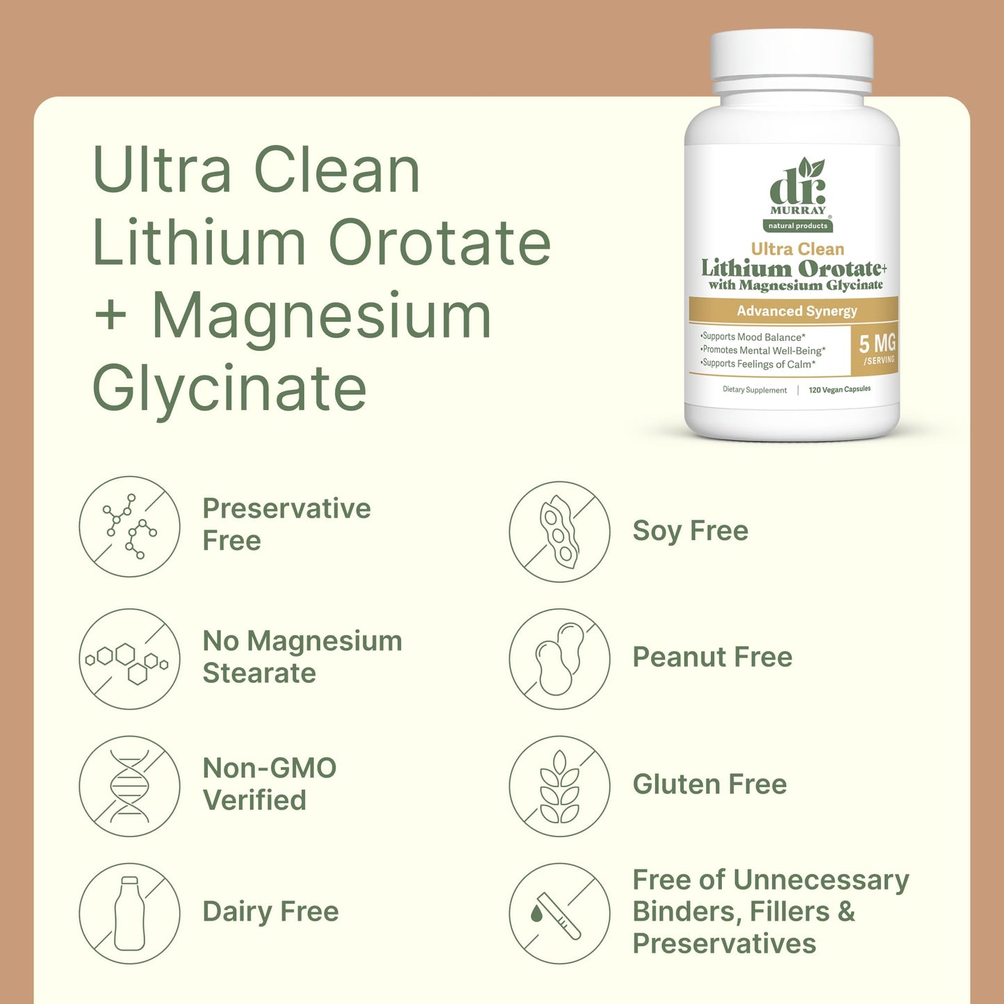 Dr. Murray Natural Products Ultra Clean Lithium Orotate with Magnesium Glycinate - 5mg Lithium Capsules, 120 Count