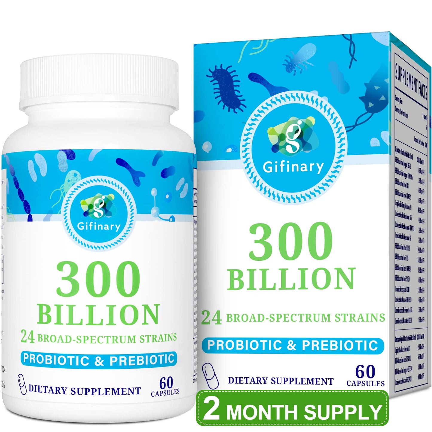 Gifinary 300 Billion CFU Probiotics Capsules, 60 Count