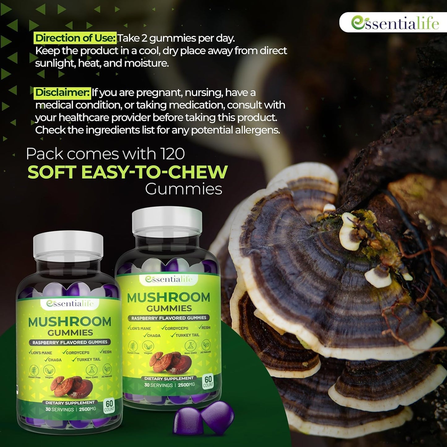 Essentialife Mushroom Gummies Lions Mane Supplement, 180 Count