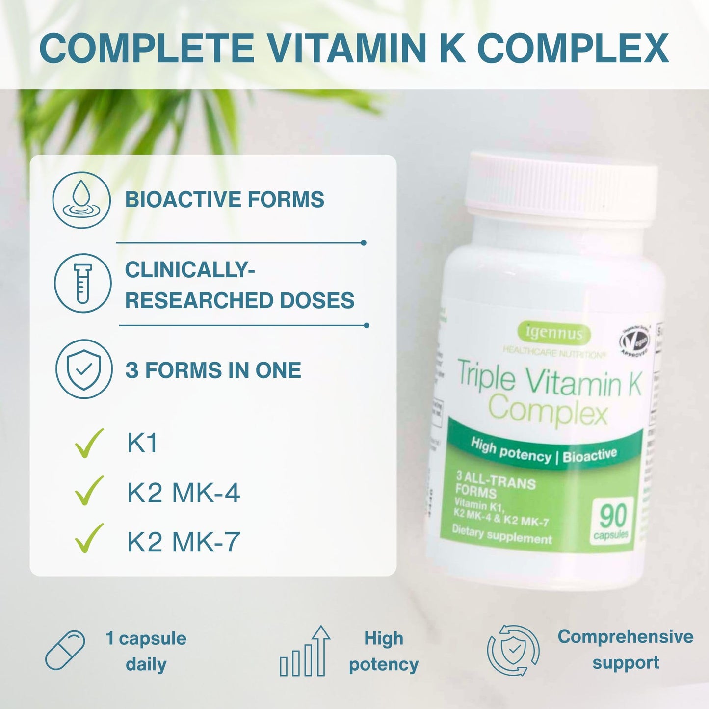Igennus Healthcare Nutrition Full Spectrum Vitamin K Complex, K1 & K2 (MK-4 & MK-7) Capsules, 90 Count