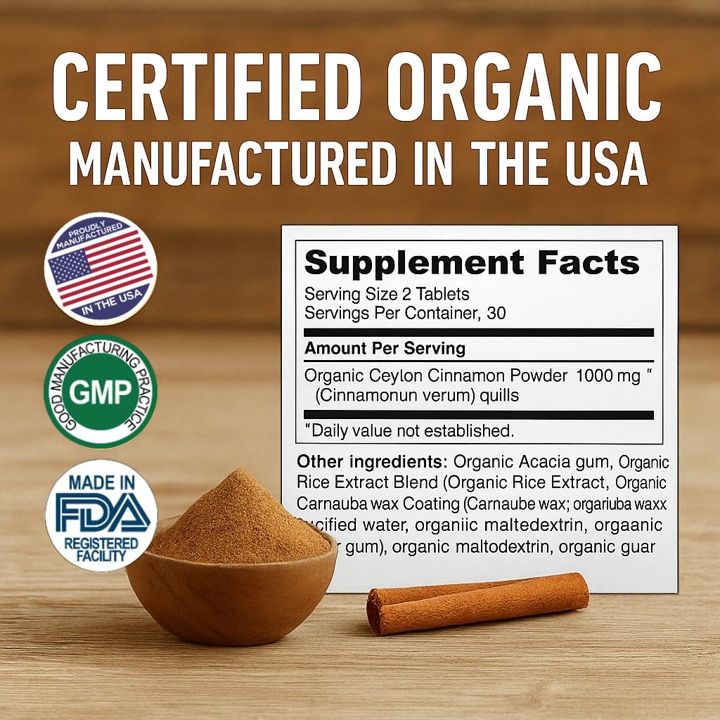 Me First Living MFL Ceylon Cinnamon 1000mg, 100% Certified Organic Ceylon Cinnamon, Non-GMO, True Cinnamon, Metabolism Support, Antioxidant, 60 Tablets