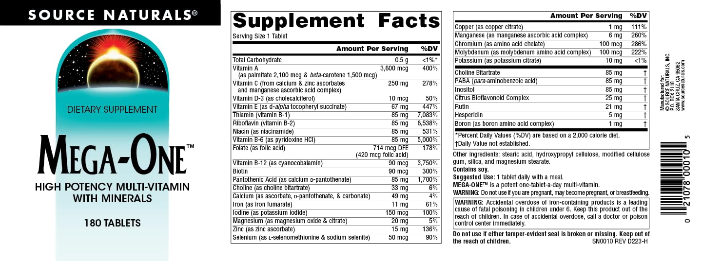 Source Naturals Mega-One Multi-Vitamin with Minerals, 180 Tablets