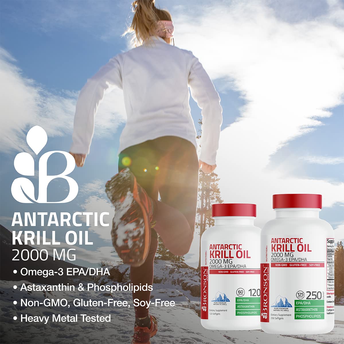 Bronson Antarctic Krill Oil 2000mg with Omega-3s EPA, DHA, Astaxanthin and Phospholipids Softgels 60