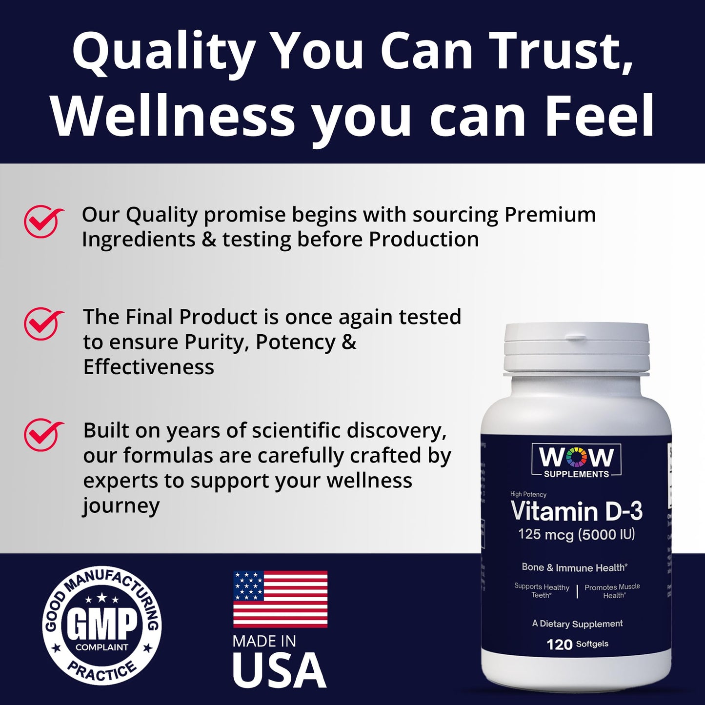 WOW Supplements Vitamin D3 5000 IU Softgels, 120 Count