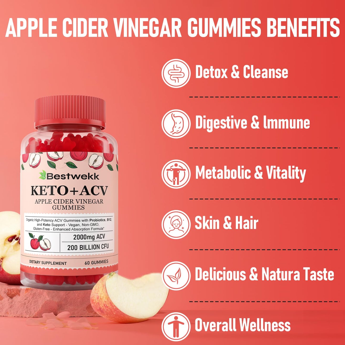 Bestwekk Apple Cider Vinegar Gummies Max Strength 2000mg ACV with Probiotics, B12 and Keto Support, Gelatin-Free, Non-GMO, 240 Gummies