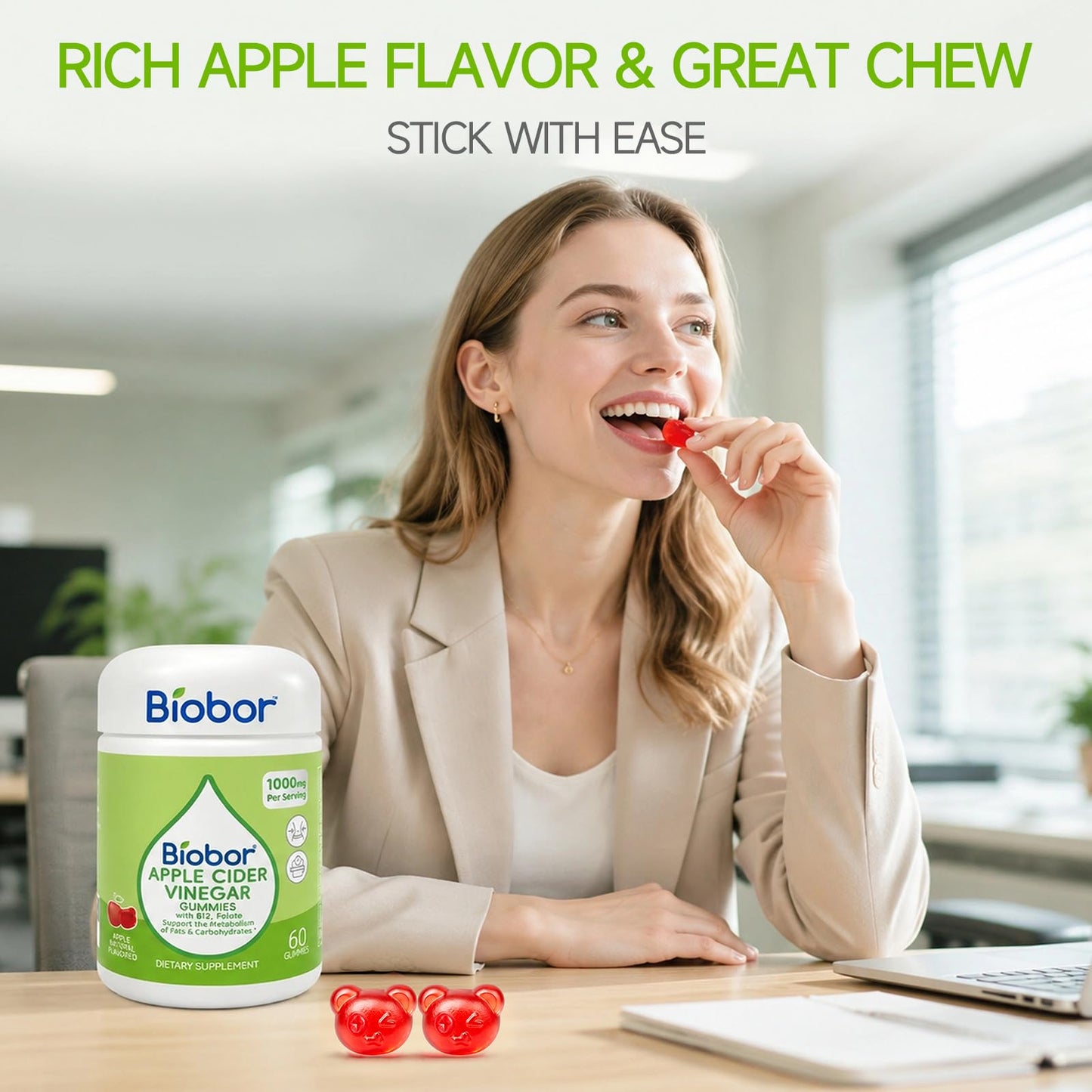 Biobor Apple Cider Vinegar Gummies 1000 mg with Vitamin B12, 60 Count
