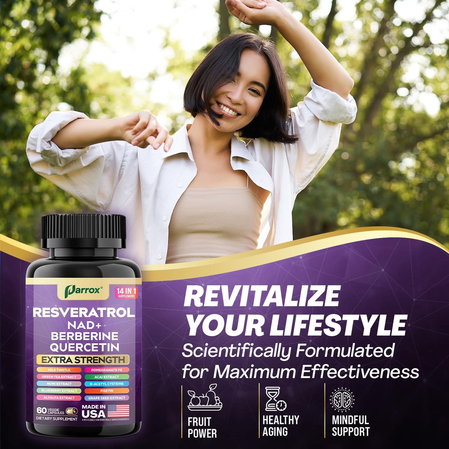 Parrox Resveratrol Supplement, 14-in-1 NAD, Berberine & Quercetin Capsules, 120 Count