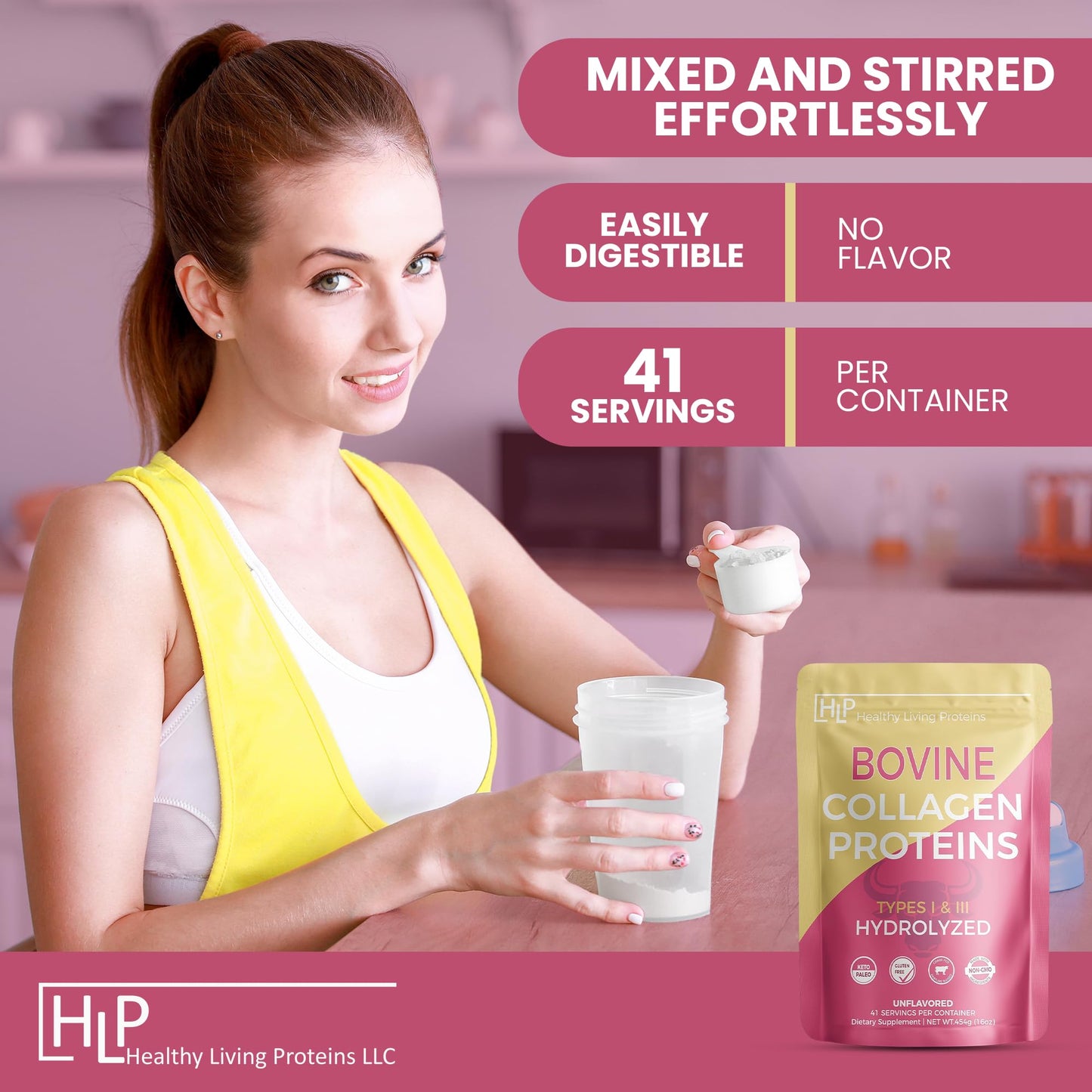 HLP Healthy Living Proteins Hydrolyzed Bovine Collagen Type I & III Powder, Unflavored, 16 oz