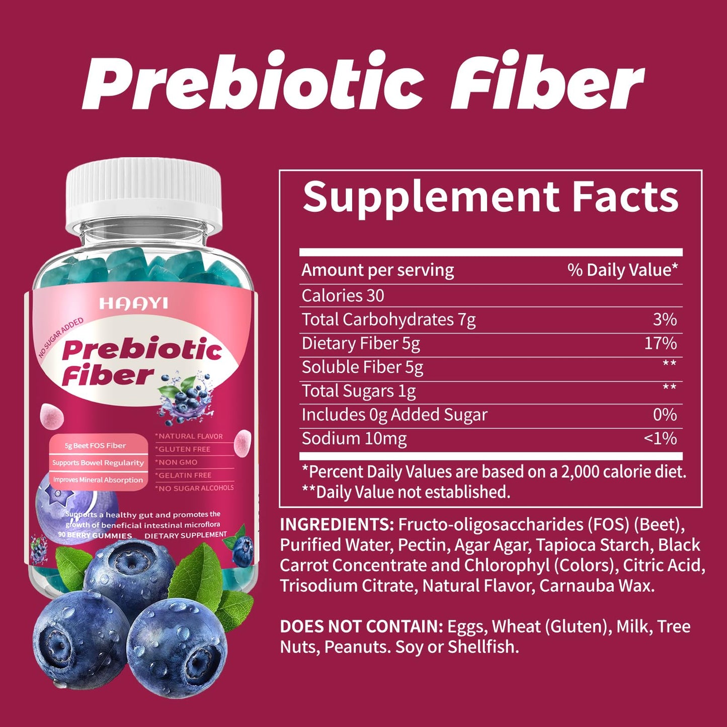 HAAYI Prebiotic Fiber Supplement Gummies for Adults & Kids, 5g Beet FOS Fiber - Gut Health and Digestive Support, Mineral Absorption, Soluble Fiber, Zero Sugar Added, Vegan, Gluten-Free - 60 Gummies