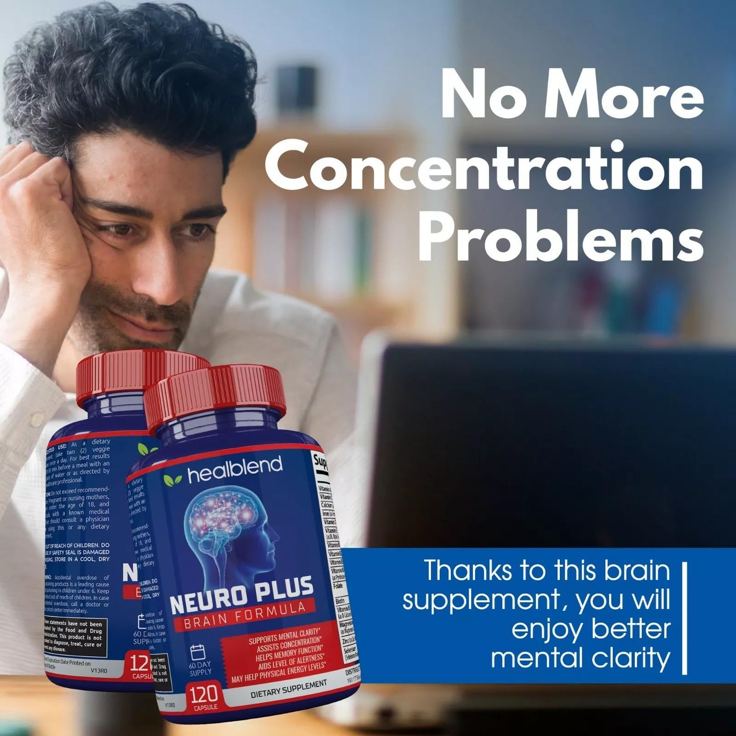healblend Neuro Plus Brain & Focus Formula - Brain Booster Supplement, Supports Mental Clarity & Focus - Enhances Concentration & Mental Energy, 3 Capsules