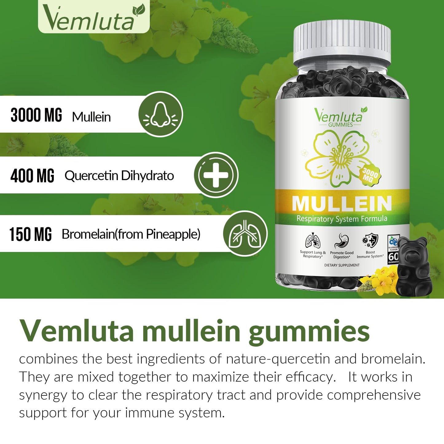 Vemluta Mullein Gummies for Lung Detox, 120 Gummies