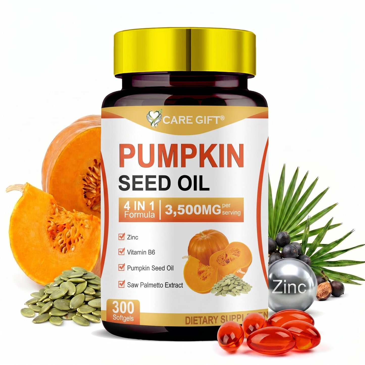 CARE GIFT Pumpkin Seed Oil with Saw Palmetto 3500mg 4-in-1 Advanced Formula Zinc Vitamin B6 Cold Pressed Essential Fatty Acids Phytosterols Supports Immune Hair Urinary Bladder Prostate Health Softgels 300
