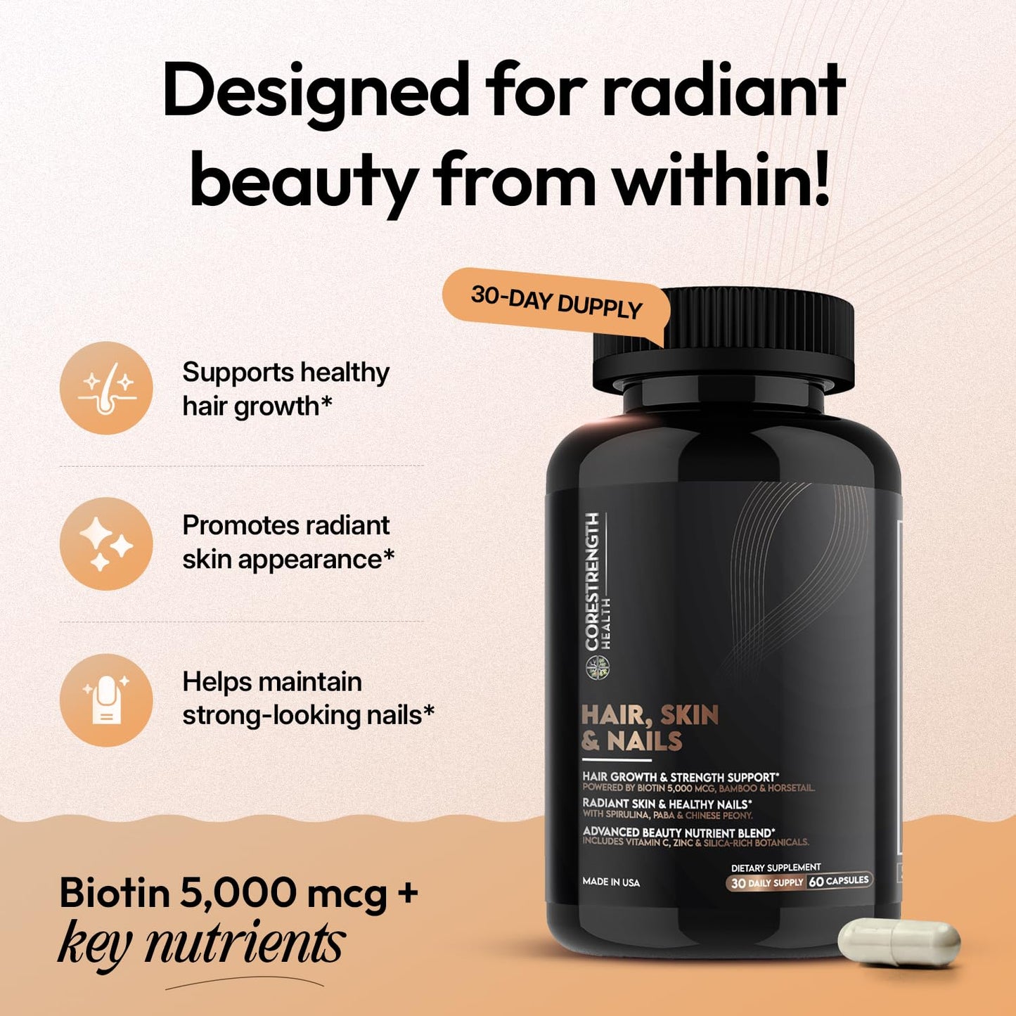 CoreStrength Health LLC Hair Skin and Nails Vitamins with Biotin 5000 mcg Capsules, 60 Count