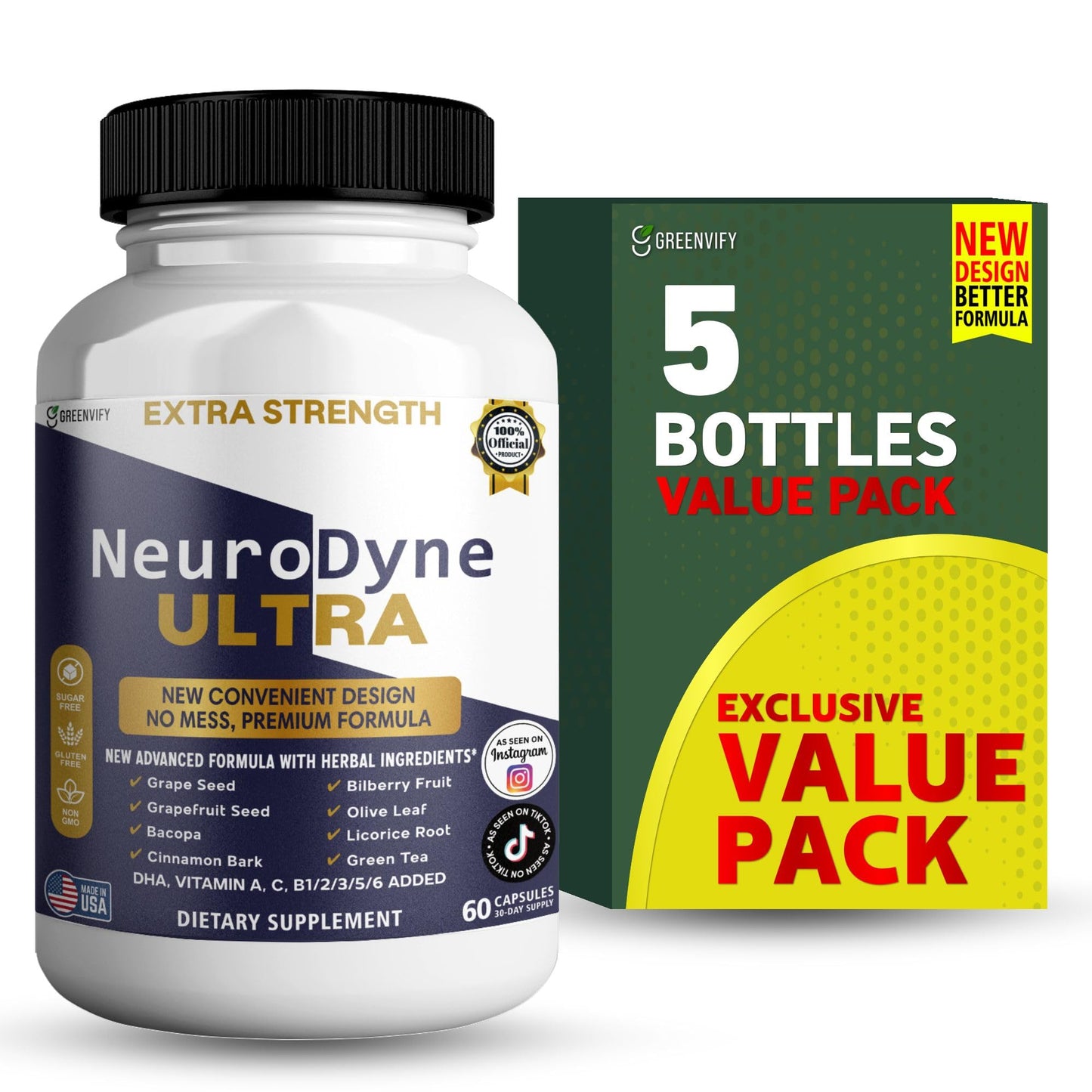 GREENVIFY NeuroDyne Ultra Extra Strength Brain Supplement, 60 Capsules