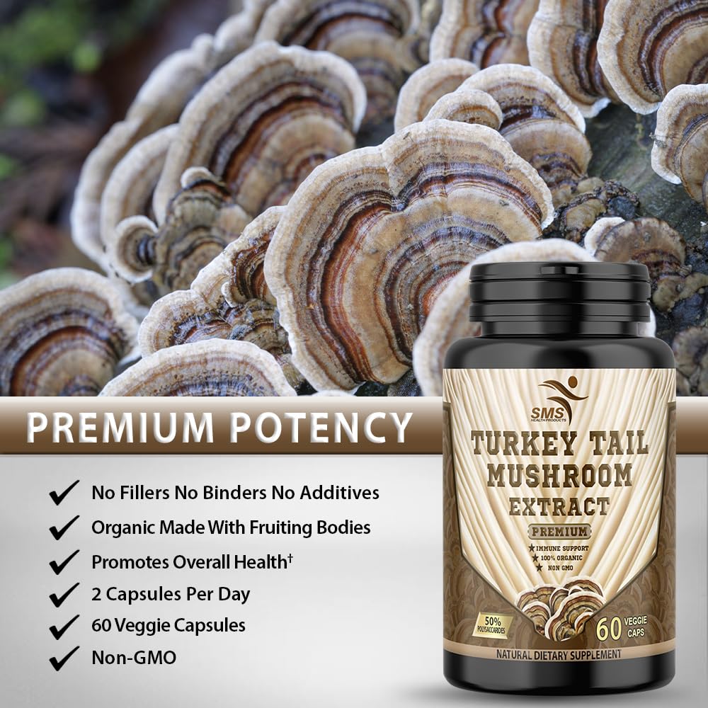 SMSHEALTHPRODUCTS.com Turkey Tail Mushroom Supplement Capsule, 60 Veggie Capsules