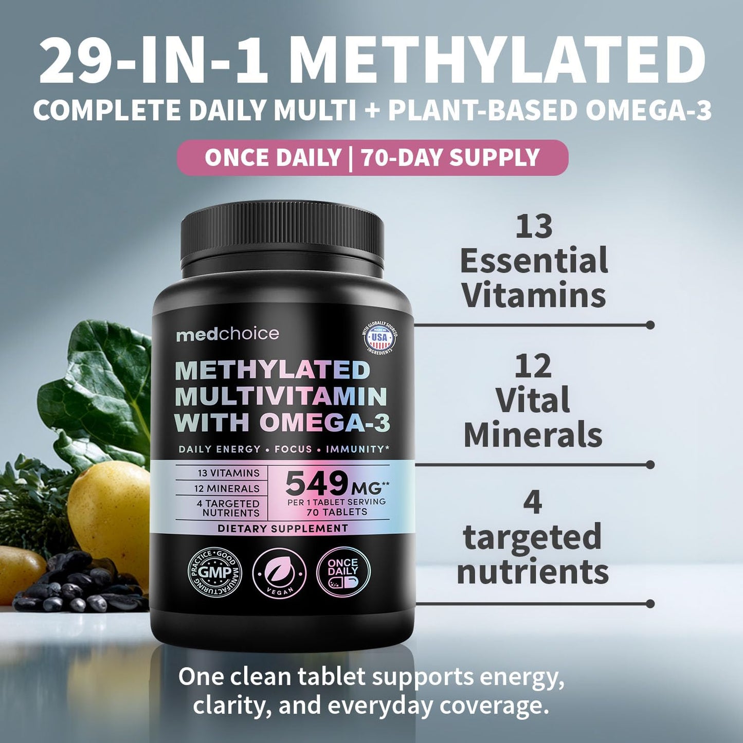 MEDCHOICE 29-in-1 Methylated Multivitamin for Men & Women with Omega 3, Active B12, 5-MTHF Folate, Plus Vitamins & Minerals, 70 Tablets